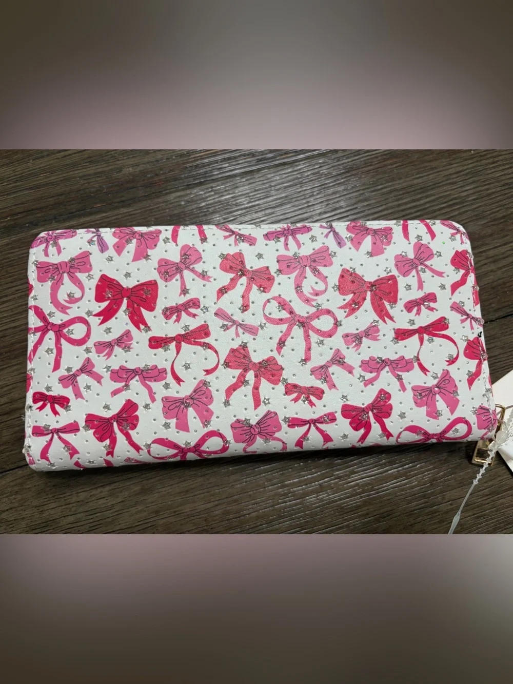 Bow-Print Wallet with Sparkling Stars- Pink & White